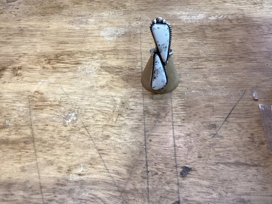 Ring, 2 - stone freeform White Buffalo, rope bezel with Peyote button detail by Eugene Belone - Turquoise Mustang