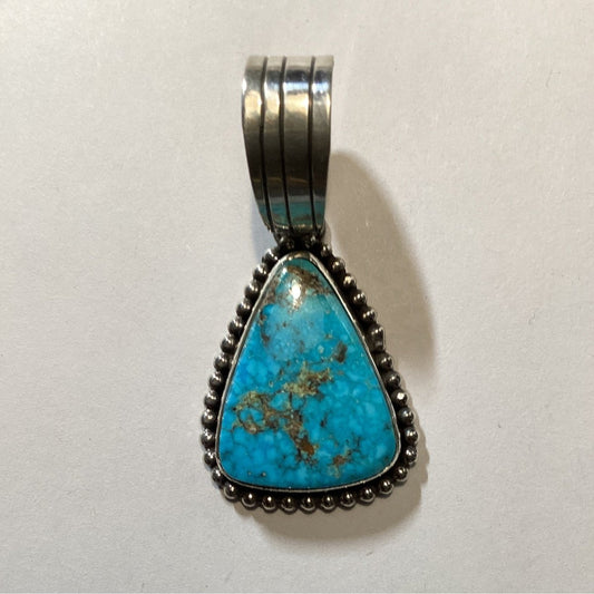 Pendant, Triangular Freeform Ithaca Peak Waterweb Turquoise, Raindrop Bezel L. Yazzie - Turquoise Mustang