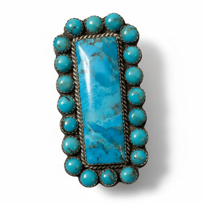 Rectangular Kingman Turquoise Cluster Ring – 20 - Stone Navajo Design by Patrick Yazzie - Turquoise Mustang