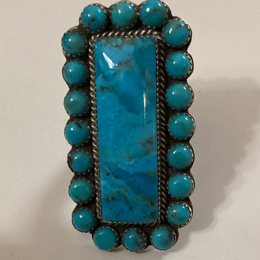 Rectangular Kingman Turquoise Cluster Ring – 20 - Stone Navajo Design by Patrick Yazzie - Turquoise Mustang