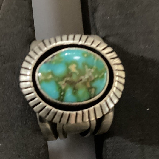 Ring, Sonoran Gold Turquoise Oval, Heavy Beveled Bezel with Filework, Charley Willie - Turquoise Mustang