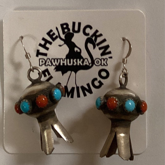 Earring, small globe style squash blossom with turquoise and coral equator, unknown - Turquoise Mustang