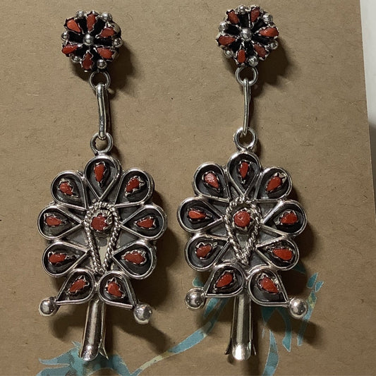 Earring, Coral Petite Point Squash blossoms, Tricia Leekity Zuni - Turquoise Mustang