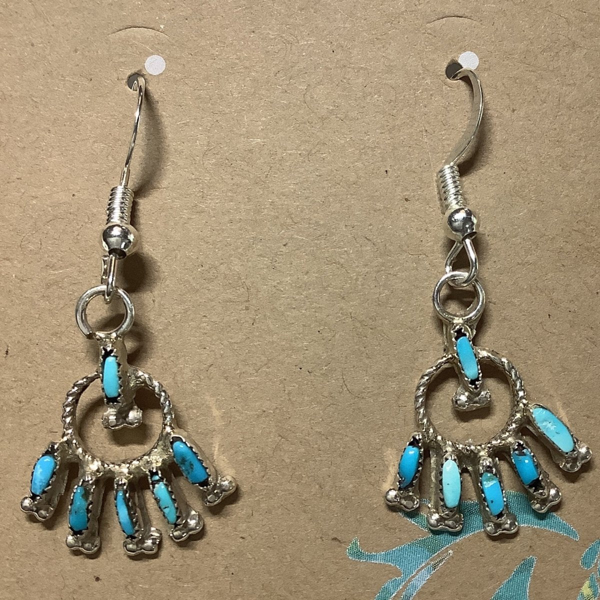 Earring, very small petite point 6 - stone dangles, SB turquoise . Unknown Zuni (1) - Turquoise Mustang