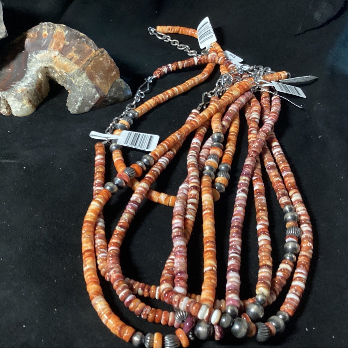 Orange and Red Spiny Oyster with Mustang Silver Pearl Necklace by Turquoise Mustang, 20" - Turquoise Mustang