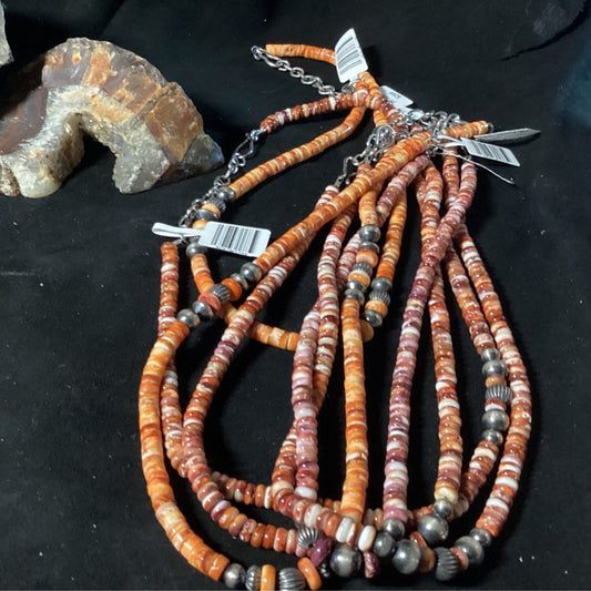 Orange and Red Spiny Oyster with Mustang Silver Pearl Necklace by Turquoise Mustang, 20" - Turquoise Mustang