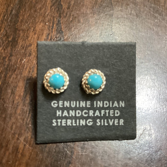 Earring, Tiny Studs Turquoise Posts with Rope Bezel, Chimney Butte - Turquoise Mustang