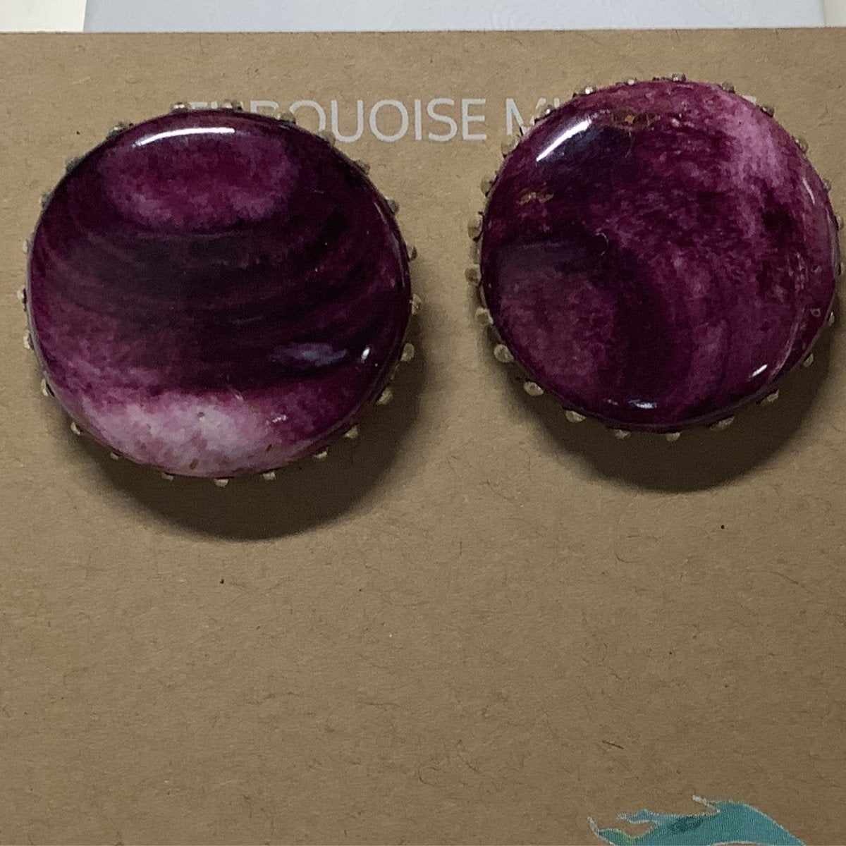 Earring, Large Round Purple Oyster, sawtooth bezel, Tom Jackson - Turquoise Mustang