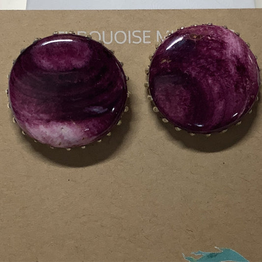 Earring, Large Round Purple Oyster, sawtooth bezel, Tom Jackson - Turquoise Mustang