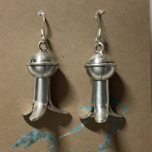Earring, short squat burnished Squash Blossoms, Dan Dodson - Turquoise Mustang