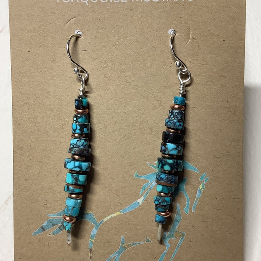 Earrings, Spiderweb TQ heishi, double - graduated, with copper spacers, 10 Heishi each, Turquoise Mustang (1) (1) - Turquoise Mustang