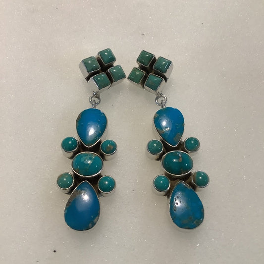 Earrings, Turquoise, stud squares, 11 - stone dangles, DD - Turquoise Mustang