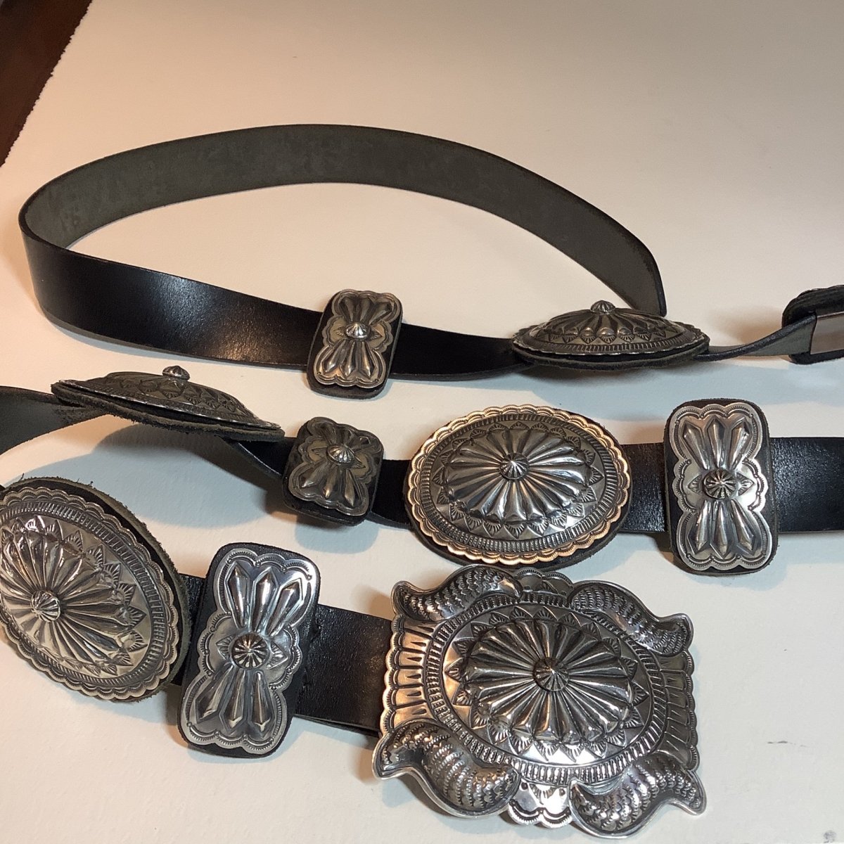 Silver Cocnho Belt, Repousse with 5 Ovals, 6 Butterflys, Rect Buckle, Geralding Yazzie - Turquoise Mustang