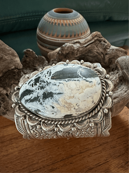 Extra wide cuff, White Buffalo Oval, in Heavy Gauge Sterling Silver by Chris Yazzie - Turquoise Mustang