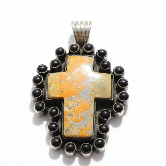 The Quaker Ladies Cross Bumblebee Jasper and Black Onyx Pendant - Turquoise Mustang