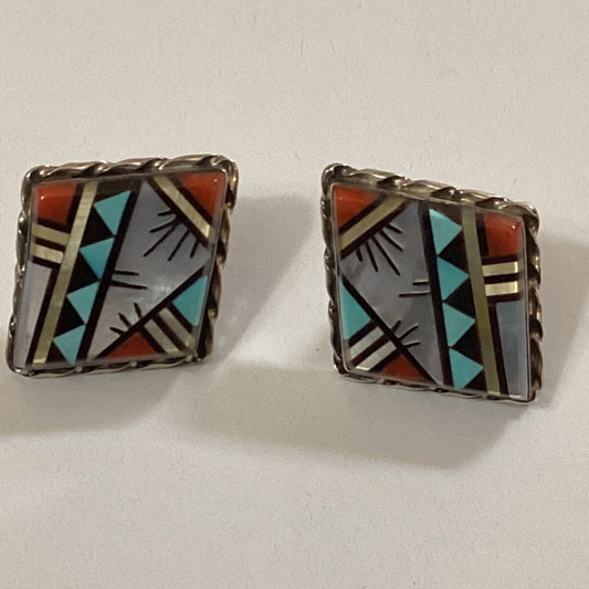 Earring, Diamond shape, intricate inlay, MOP, jet, coral, turquoise, CP Zuni - Turquoise Mustang