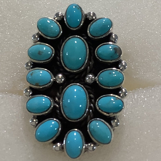 Ring, Turquoise, 2 oval Center with 12 oval stone cluster, DD - Turquoise Mustang