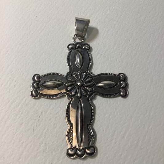Pendant, Cross, All Silver Large Repouss‚àö¬©, Terry Charlie - Turquoise Mustang