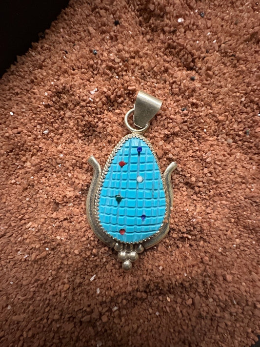 Zuni Corn Pendant with Inlaid Stones by K. Etsate - Turquoise Mustang