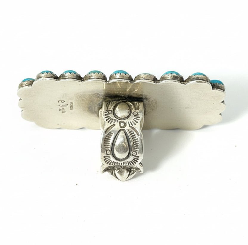 Rectangular Kingman Turquoise Cluster Ring, Adjustable Patrick Yazzie - Turquoise Mustang