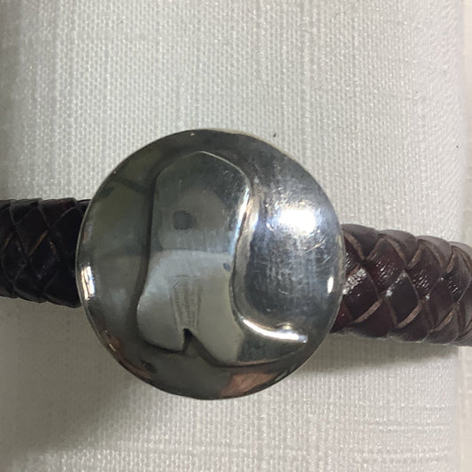 Bracelet, Spiny Oyster, Braided Brown Leather with Silver Boot Concho, Jeff Stahre - Turquoise Mustang