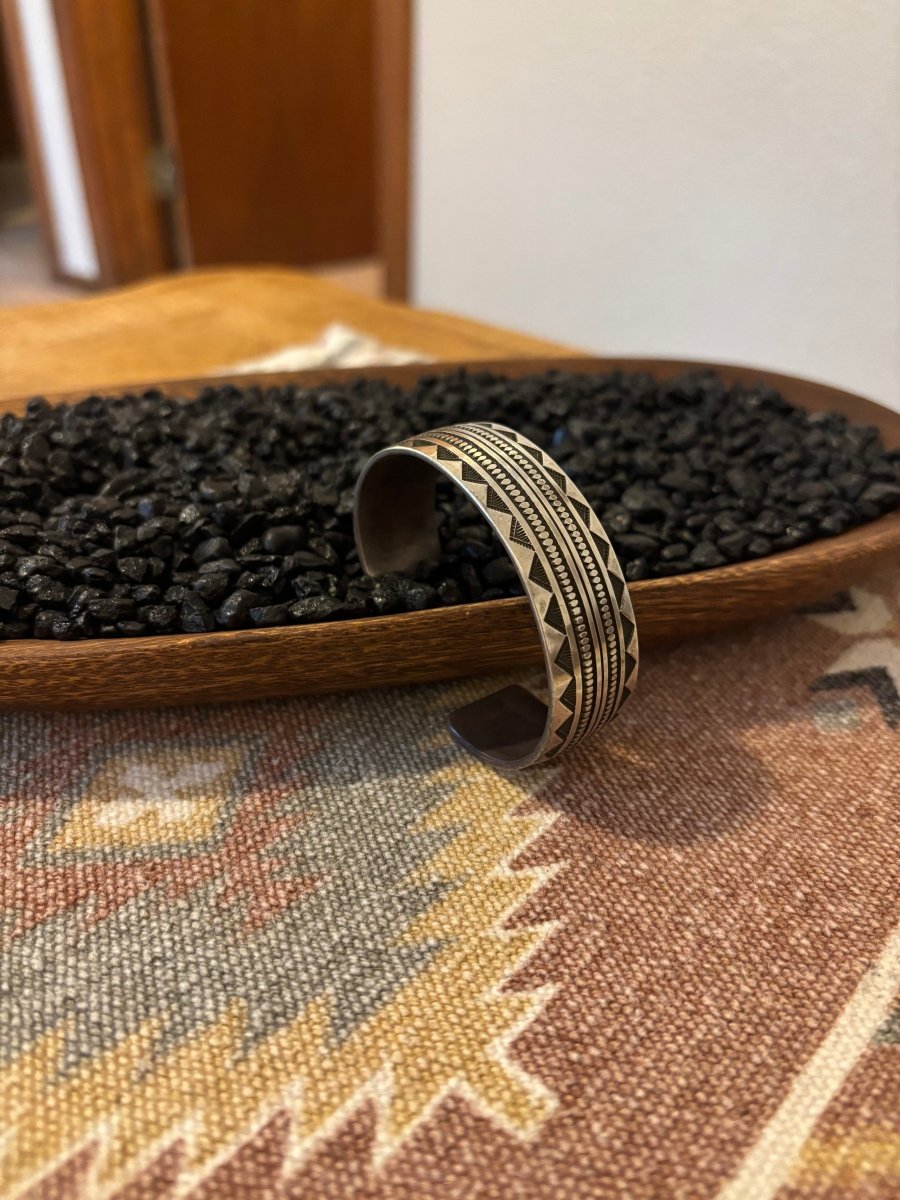 All Silver, 5 - row Stamp Cuff, by Navajo Silversmith, Calvin Martinez - Turquoise Mustang