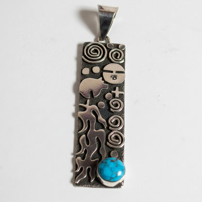 Alex Sanchez Sterling Silver Petroglyph Pendant with Round Turquoise Cabachon - Turquoise Mustang