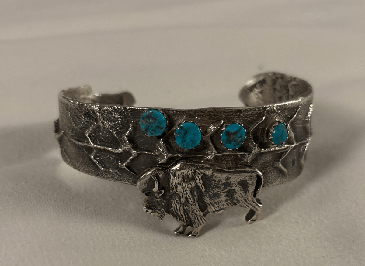 Buffalo and Corn theme Tufa Cuff - Turquoise Mustang