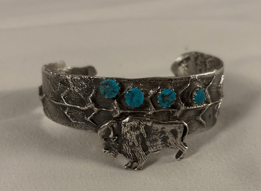 Buffalo and Corn theme Tufa Cuff - Turquoise Mustang