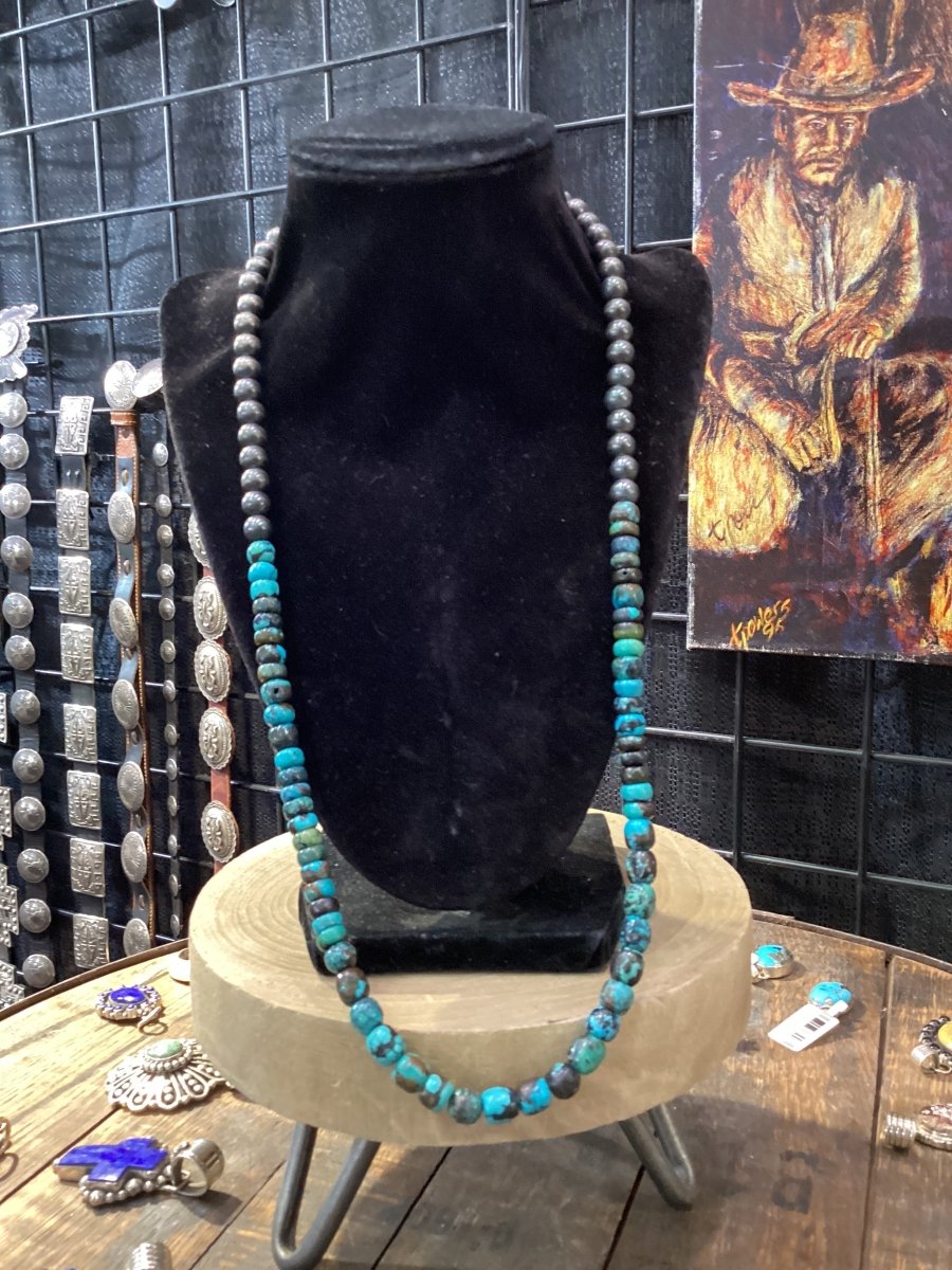 19” x 10 - 12mm Polychrome Cloud Mountain Turquoise Necklace with 8mm Silver Pearls - Turquoise Mustang
