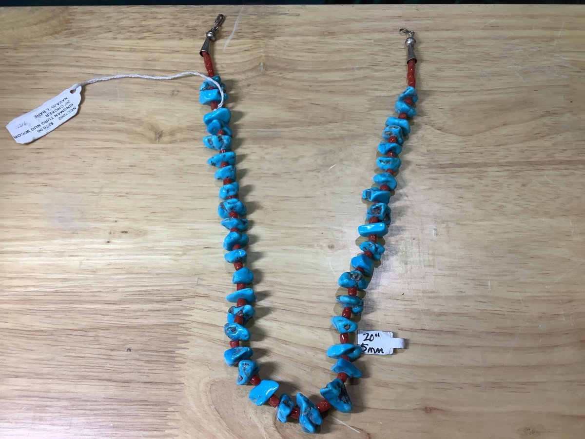 Necklace, 20" Old STock Kingman Nuggets w/ Med. Coral tubes, Louise Tahe - Turquoise Mustang