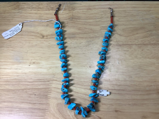 Necklace, 20" Old STock Kingman Nuggets w/ Med. Coral tubes, Louise Tahe - Turquoise Mustang