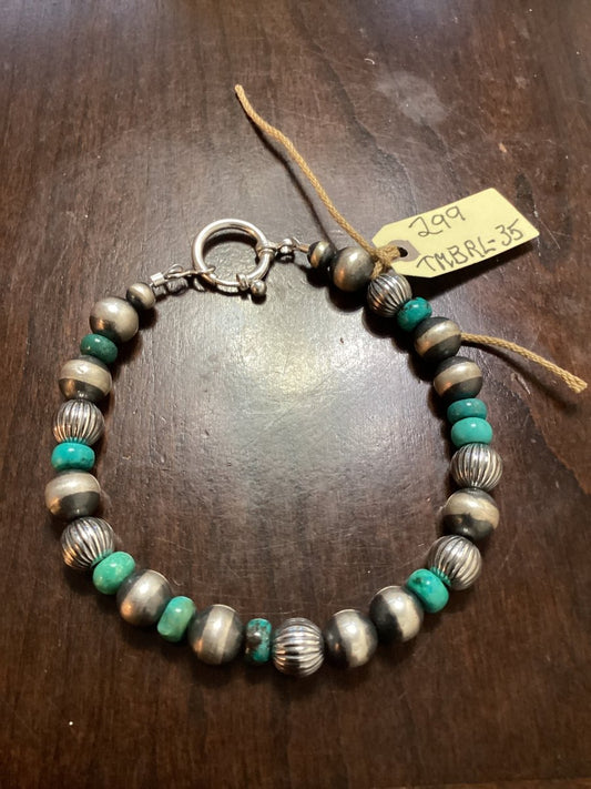 Bracelet, assported 8mm corrugated, mixed Navajo Pearls with Turquoise Rondelles, Turquoise Mustang - Turquoise Mustang