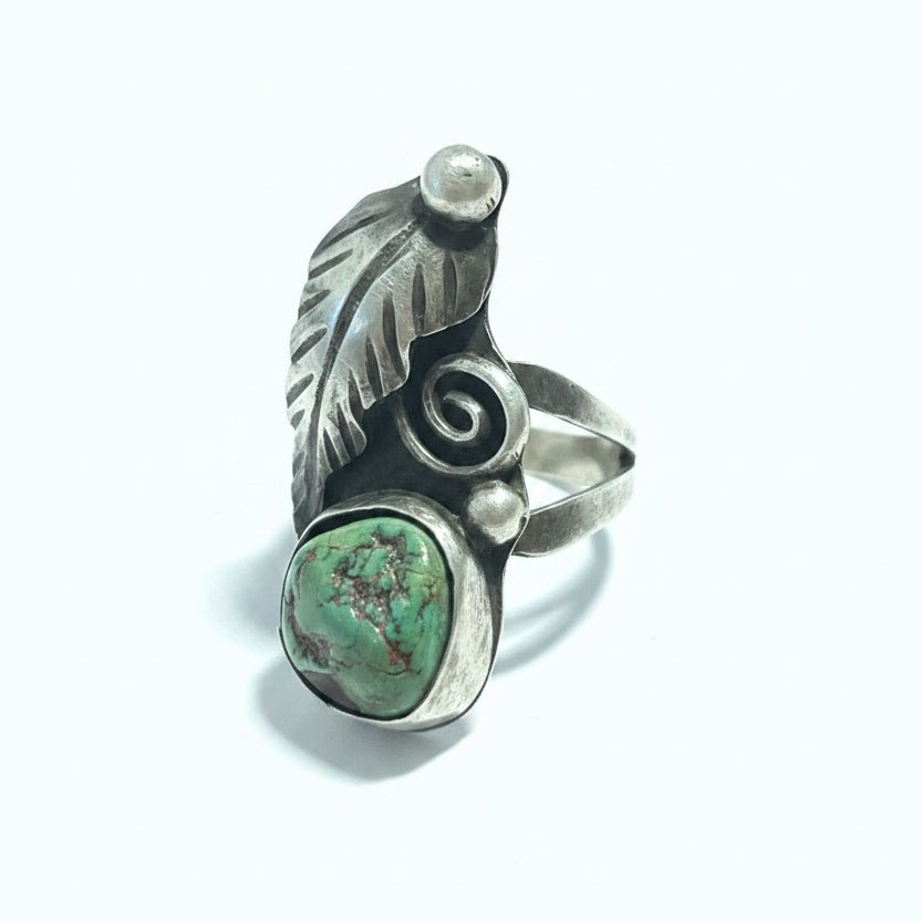 Vintage Royston Turquoise Ring, Feather Appliqué, Size 6 - Turquoise Mustang