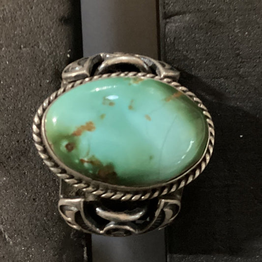 Ring, Royston Oval, Stylized Thunderbird flanks and Rope accents, Albert Jake - Turquoise Mustang