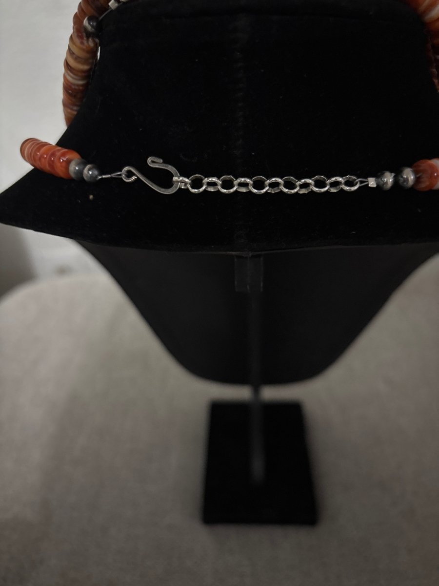 18” Orange Spiny Oyster Rondelle Necklace with Silver Pearl Ends - Turquoise Mustang