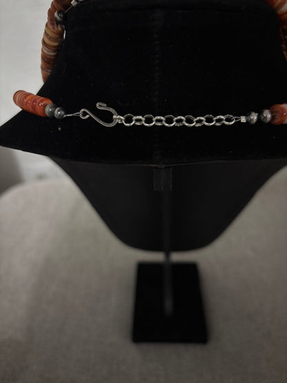 18” Orange Spiny Oyster Rondelle Necklace with Silver Pearl Ends - Turquoise Mustang