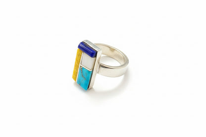 Rectangular Multi - Stone Inlay Ring with Tufa Cast Shank, Size 10.75 Stewart Billie - Turquoise Mustang