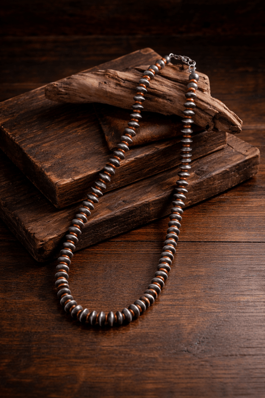 37 - 38” 14mm Navajo Saucers with 10mm Apple Coral Spacers Necklace, Native American, TN - Turquoise Mustang