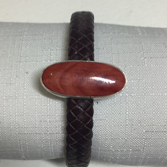 Bracelet, Spiny Oyster, Braided Brown Leather with Narrow Oval cab, Jeff Stahre - Turquoise Mustang