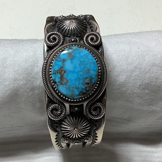 Heavy Stampwork & Curled Rope Overlay Cuff with Oval Red Web Kingman by Delbert Gordon - Turquoise Mustang