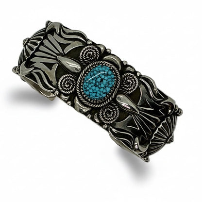 Heavy Peyote and Curled Rope Overlay Cuff with Oval Spiderweb Kingman Stone by Delbert Gordon - Turquoise Mustang