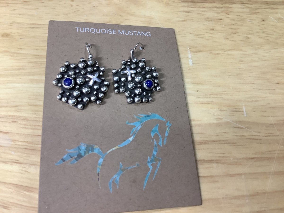 Earring, flat Navajo cross, raindrop, Crosses, Lapis tiny Cabs, A. Douglas - Turquoise Mustang