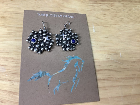Earring, flat Navajo cross, raindrop, Crosses, Lapis tiny Cabs, A. Douglas - Turquoise Mustang