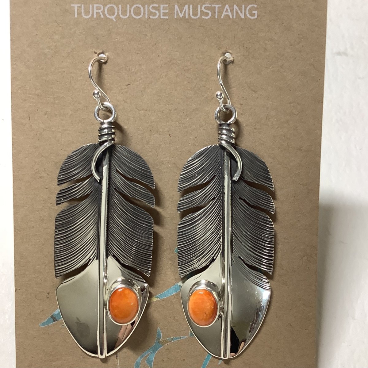 Earring, Large Silver Feathers w Oval Spiny, Lena Platero - Turquoise Mustang