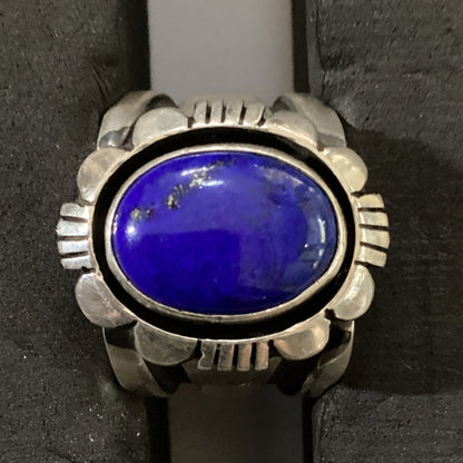 Ring, Lapis Oval, Heavy Beveled Bezel with Filework, Charley Willie - Turquoise Mustang