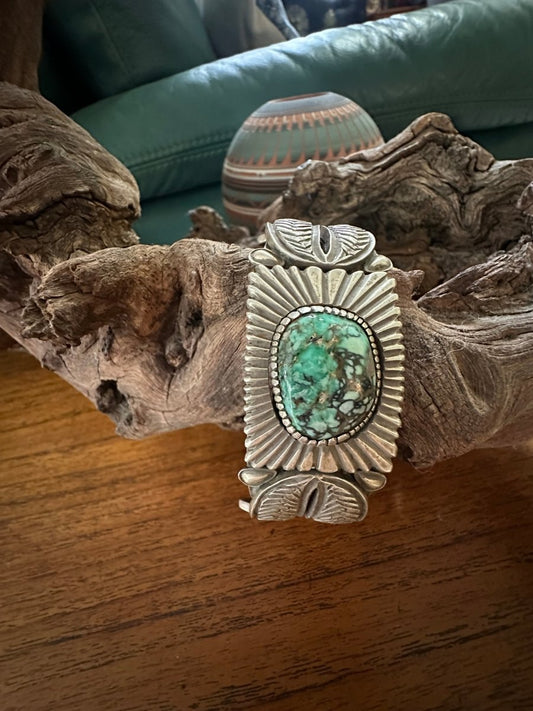 Heavy Stamped Sterling Silver Tufa Cast Cuff with Large Freeform Broken Arrow Cabachon, by Navajo Silversmith Kris Willie - Turquoise Mustang