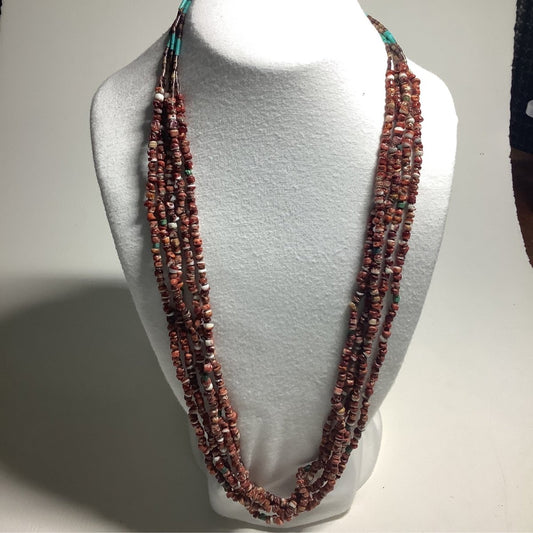 Necklace, 26" 5 - Strand Red Spiny Oyster Rondelles, Pinshell & TQ Heisi,Turquoise Mustang - Turquoise Mustang
