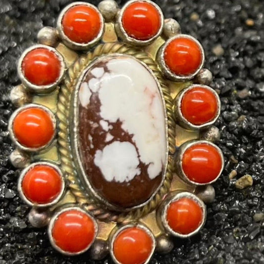 Adjustable Ring, Multi Stone Triangular Cluster Wild Horse with Red Spiny Oyster or Coral bezel, by Peterson Johnson (1) (Copy) - Turquoise Mustang