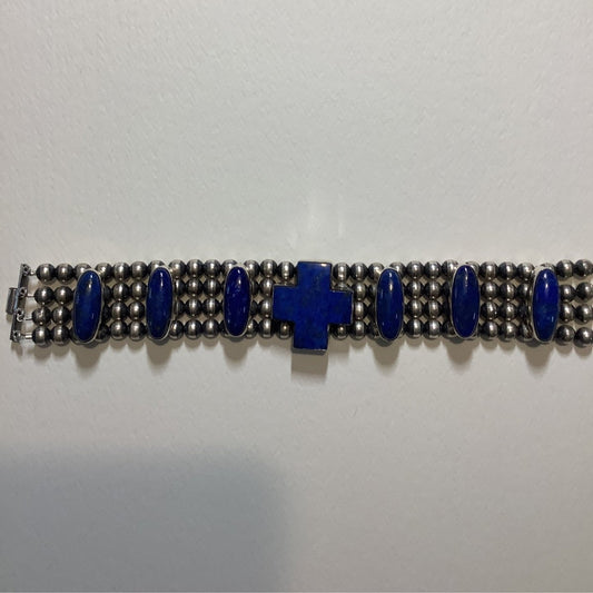Bracelet, Navajo Pearl, 4 - strand, Lapis Cross with Ovals, DD - Turquoise Mustang